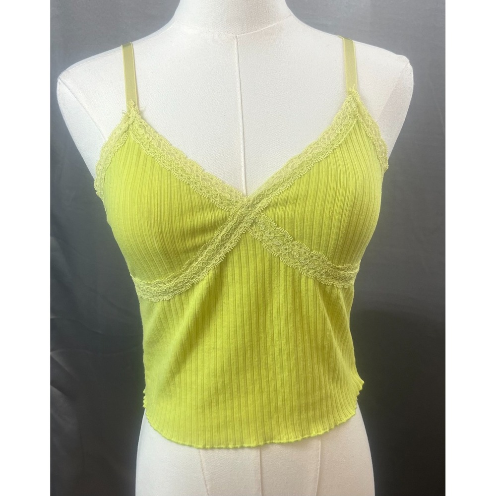 Neon Lime Green Y2K Lace Trim Cami Crop Tank Top Rave Fairy Grunge S/M